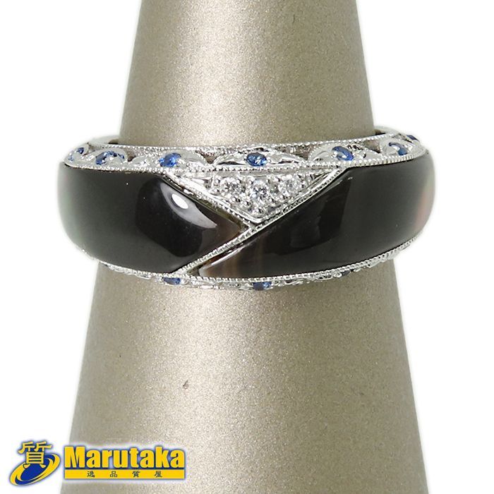 K 18 WG ブラックシェル リング 11号 約3.5 g ダイヤモンド サファイア 18金ホワイトゴールド 指輪 ジュエリー レディース 黒蝶貝 質屋 丸高 貴金属 66-0267
