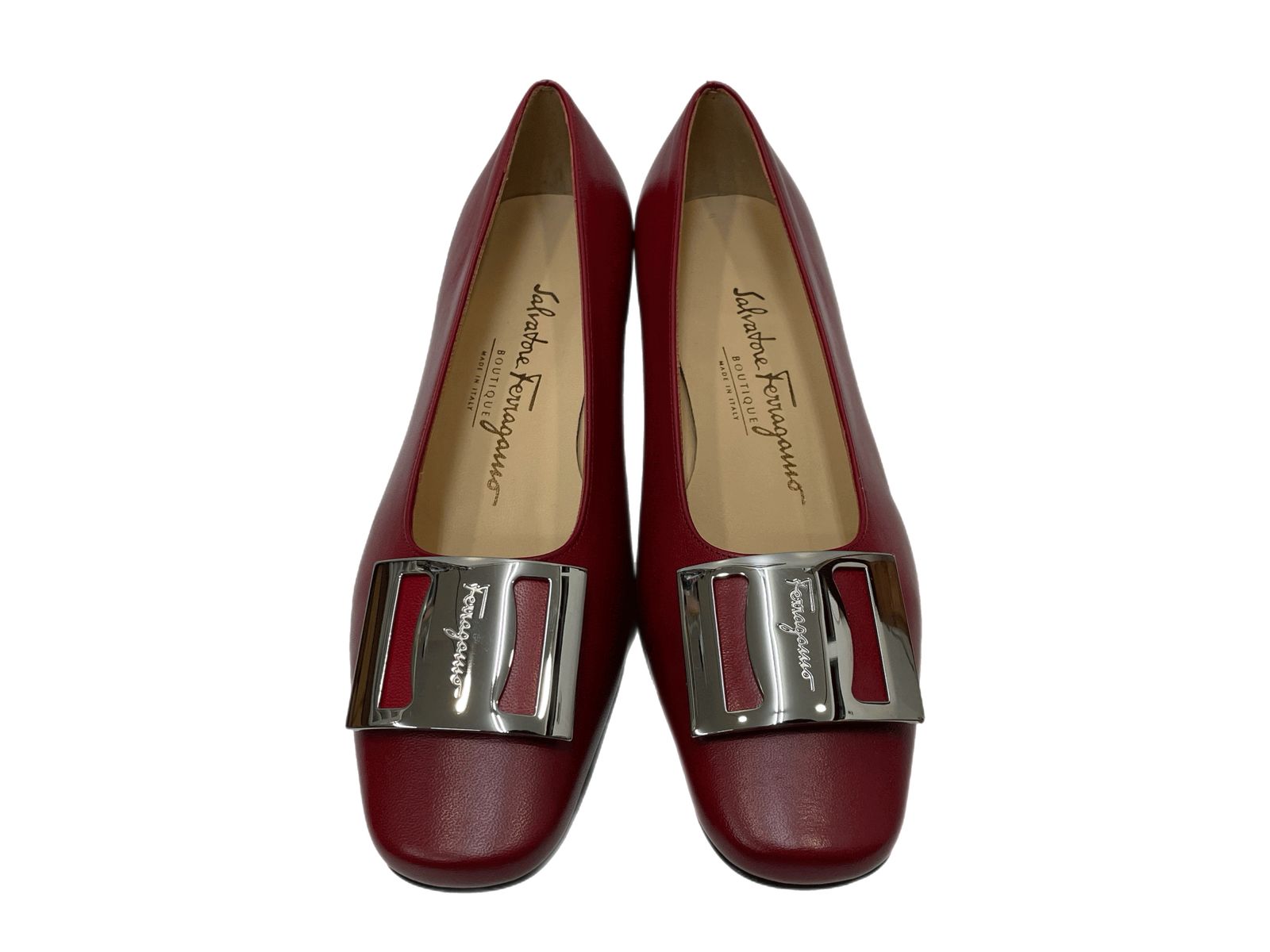 サルヴァトーレフェラガモ Salvatore Ferragamo スクエアトゥ フラット パンプス ヴァラ金具 レディース靴 ワインレッド 601 sh-66