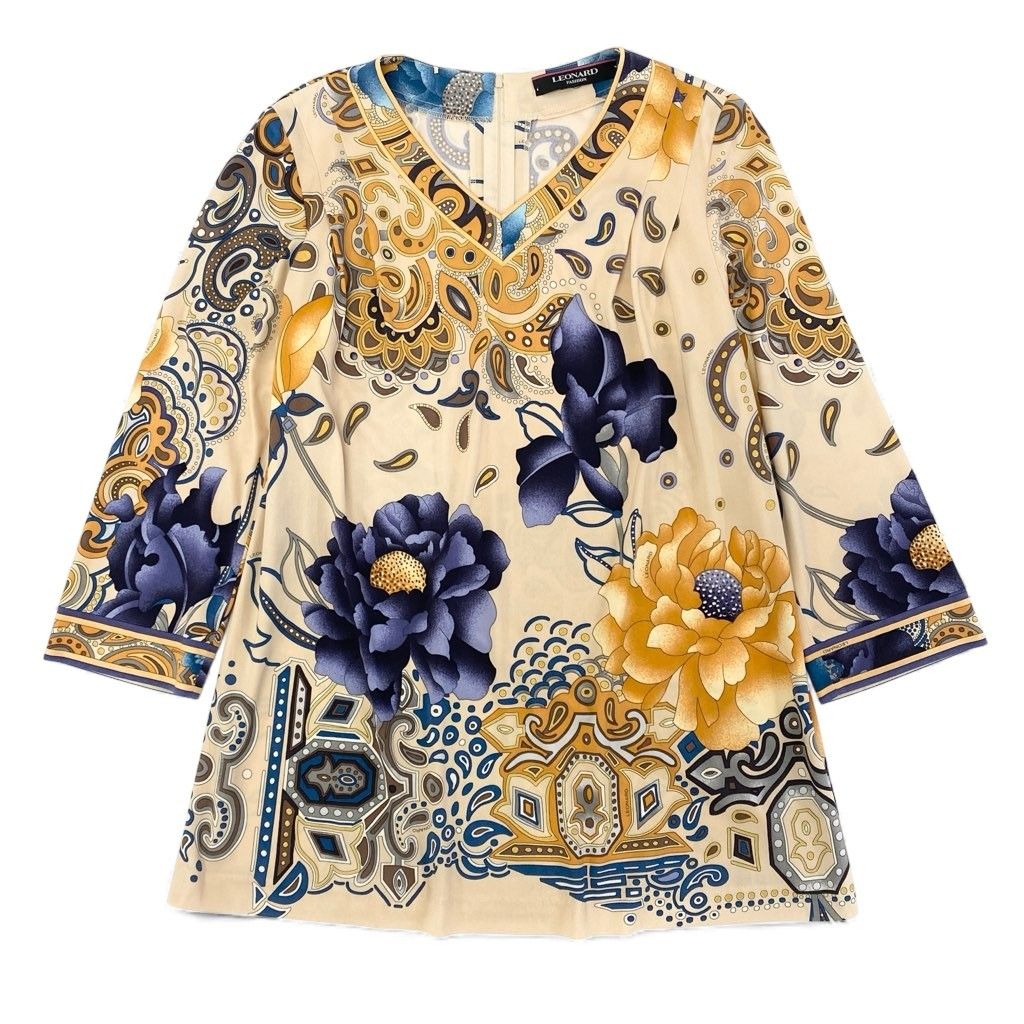 59 L 15 LEONARD レオナール チュニック ロングスリーブカットソー Vネック カンカン素材 総柄 トップス ベージュ系 レディースo 07 t