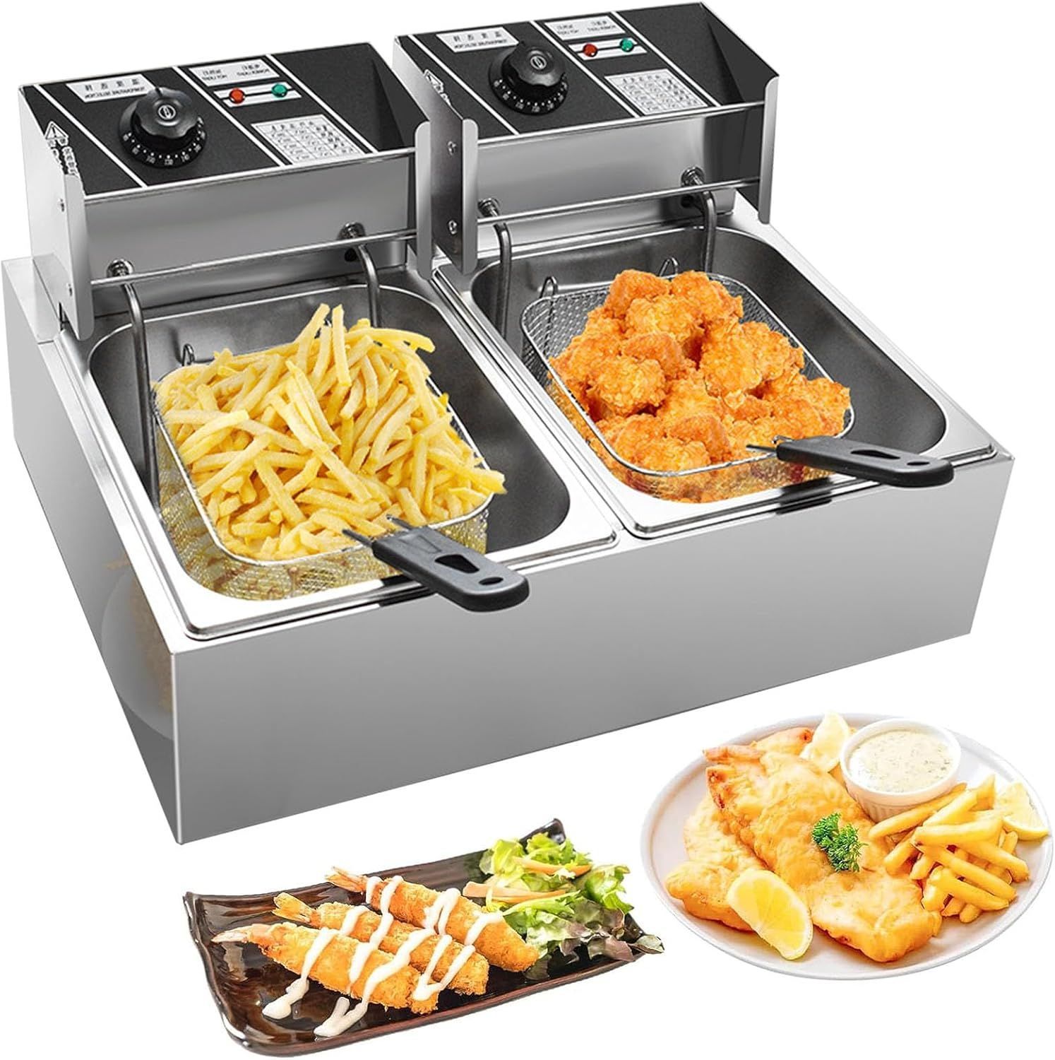 電気フライヤー 業務用 二槽式 20 L 大容量 卓上フライヤー 100 ‎110Ⅴ 温度調整付 2500Ｗ 揚げ物 天ぷら 唐揚げバスケット付き 個別通電 ダブルシリンダー ステンレス鋼 防錆性あり お手入れ簡単