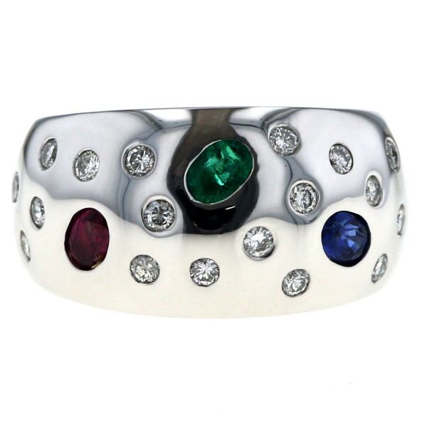 K 18 WG ホワイトゴールド リング ルビー サファイア エメラルド ダイヤモンド ドット 幅広 指輪 17号 仕上済 zz