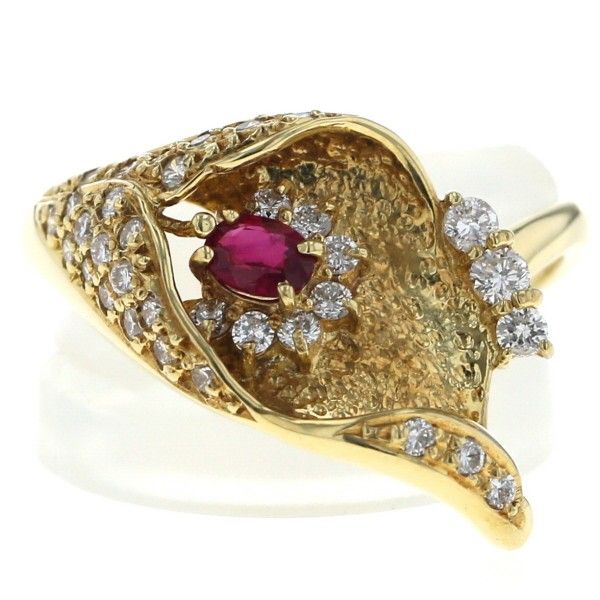 K 18 YG イエローゴールド リング ルビー 0 33 ct ダイヤモンド 54 葉 花 ボタニカル つや消し 指輪 23号 仕上済 zz
