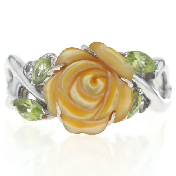 K 18 WG ホワイトゴールド リング イエローシェル ペリドット 透明石 薔薇 ローズ フラワー 花 指輪 14号 仕上済 zz