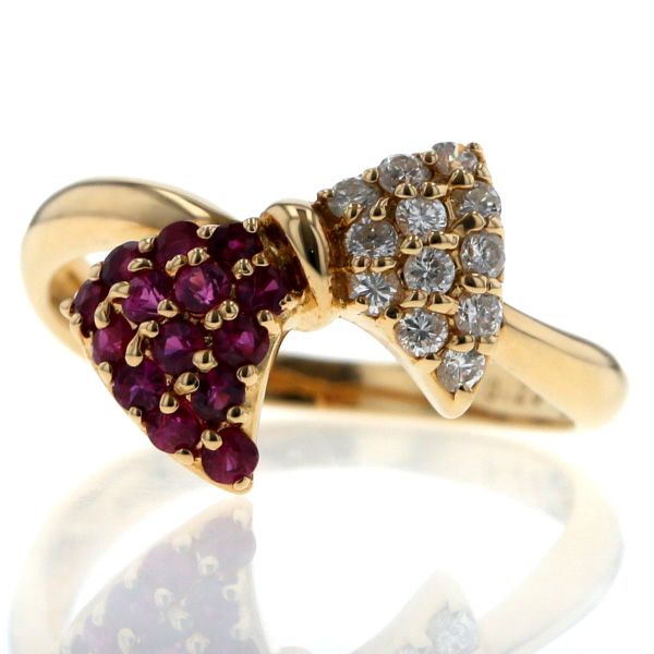 K 18 YG イエローゴールド リング ルビー ダイヤモンド 0 20 ct パヴェ リボン ウェーブ 指輪 11号 仕上済 zz