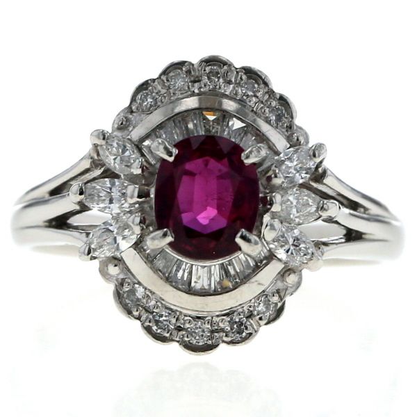 Pt 900 リング ルビー 0 76 ct ダイヤモンド 55 オーバル 取り巻き 2重 マーキス スカラップ 指輪 10 5号 仕上済 zz