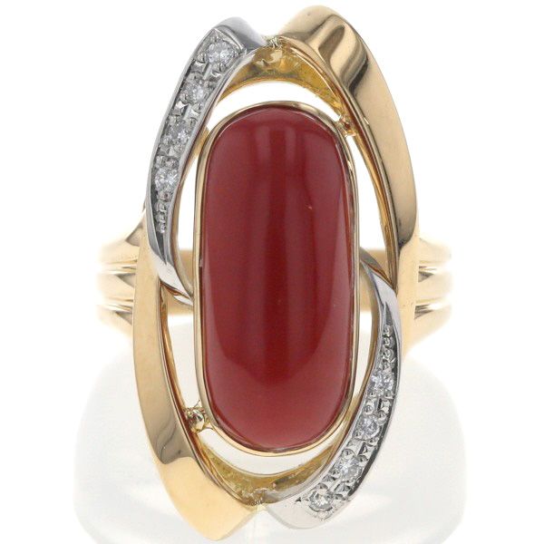 K 18 YG Pt 900 コンビ リング 珊瑚 ダイヤモンド 0.08 ct オーバル 大粒 指輪 11号 仕上済 zz