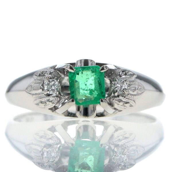 Pt850 プラチナ リング エメラルド 0.36ct ダイヤモンド スクエア 花 フラワー サイドストーン 指輪 10号 仕上済 zz