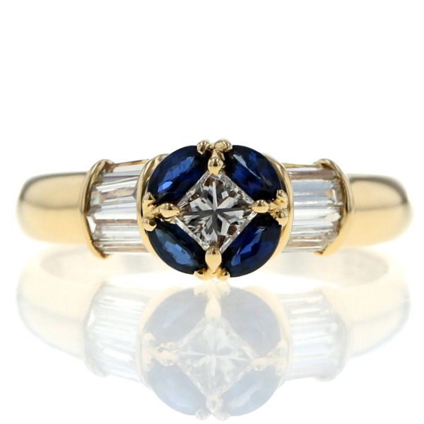 K 18 YG リング ダイヤモンド 0.50 ct|0.22 ct サファイア 0.31 プリンセス 花 フラワー 指輪 10号 仕上済 zz