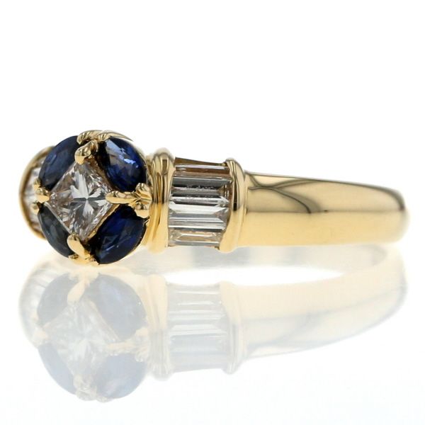 K 18 YG リング ダイヤモンド 0.50 ct 0.22 サファイア 0.31 プリンセス 花 フラワー 指輪 10号 仕上済 zz