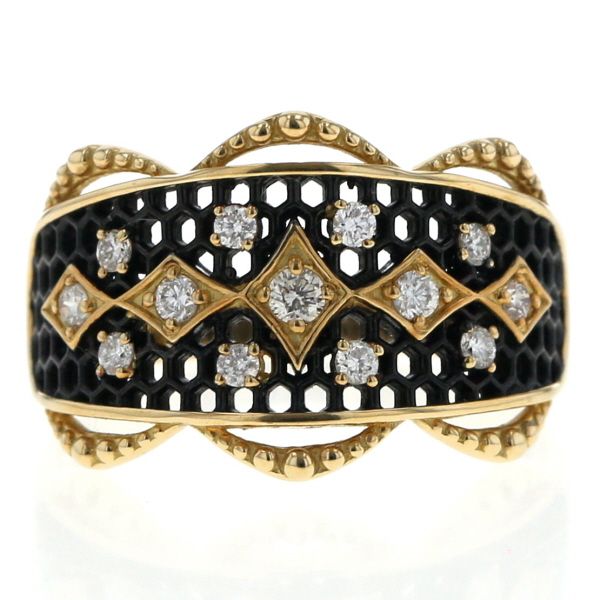 K 18 YGBG イエロー ブラックゴールド リング ダイヤモンド 0.20 ct ハニカム スカラップ レース 指輪 12号 仕上済 zz