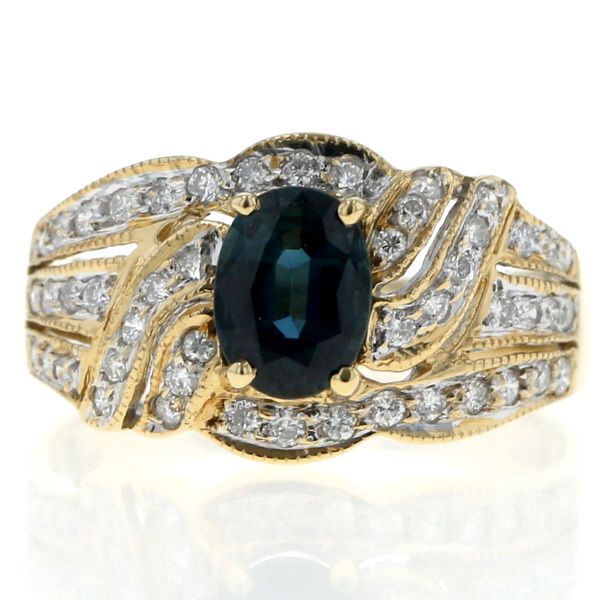 K 18 YG イエローゴールド リング サファイア 0.94 ct ダイヤモンド オーバル ミル打ち ライン 指輪 14号 仕上済 zz