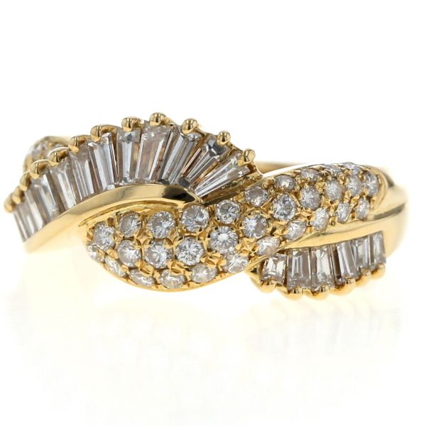 K 18 YG イエローゴールド リング ダイヤモンド 0.84 ct 0.71 テーパーバゲット パヴェ クロス 指輪 15号 仕上済 zz