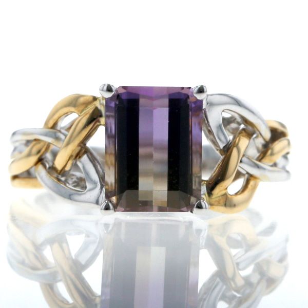 K 18 YG WG コンビ リング アメトリン レクタングル 一粒 バイカラー 編み込み 透かし 指輪 9号 仕上済 zz