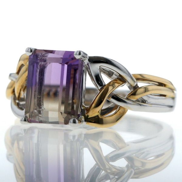 K 18 YG WG コンビ リング アメトリン レクタングル 一粒 バイ 編み込み 透かし 指輪 9号 仕上済 zz