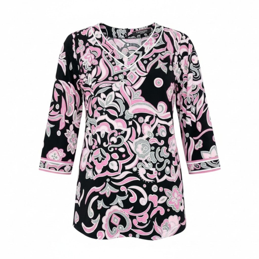 59 L 15 LEONAD レオナール チュニック ロングスリーブカットソー Vネック カンカン素材 総柄 トップス ブラック ピンク レディースo 07 t