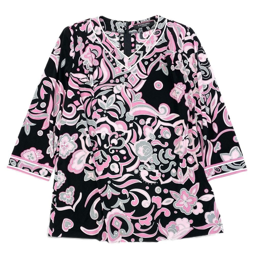 59 L 15 LEONAD レオナール チュニック ロングスリーブカットソー Vネック カンカン素材 総柄 トップス ブラック ピンク レディースo 07 t