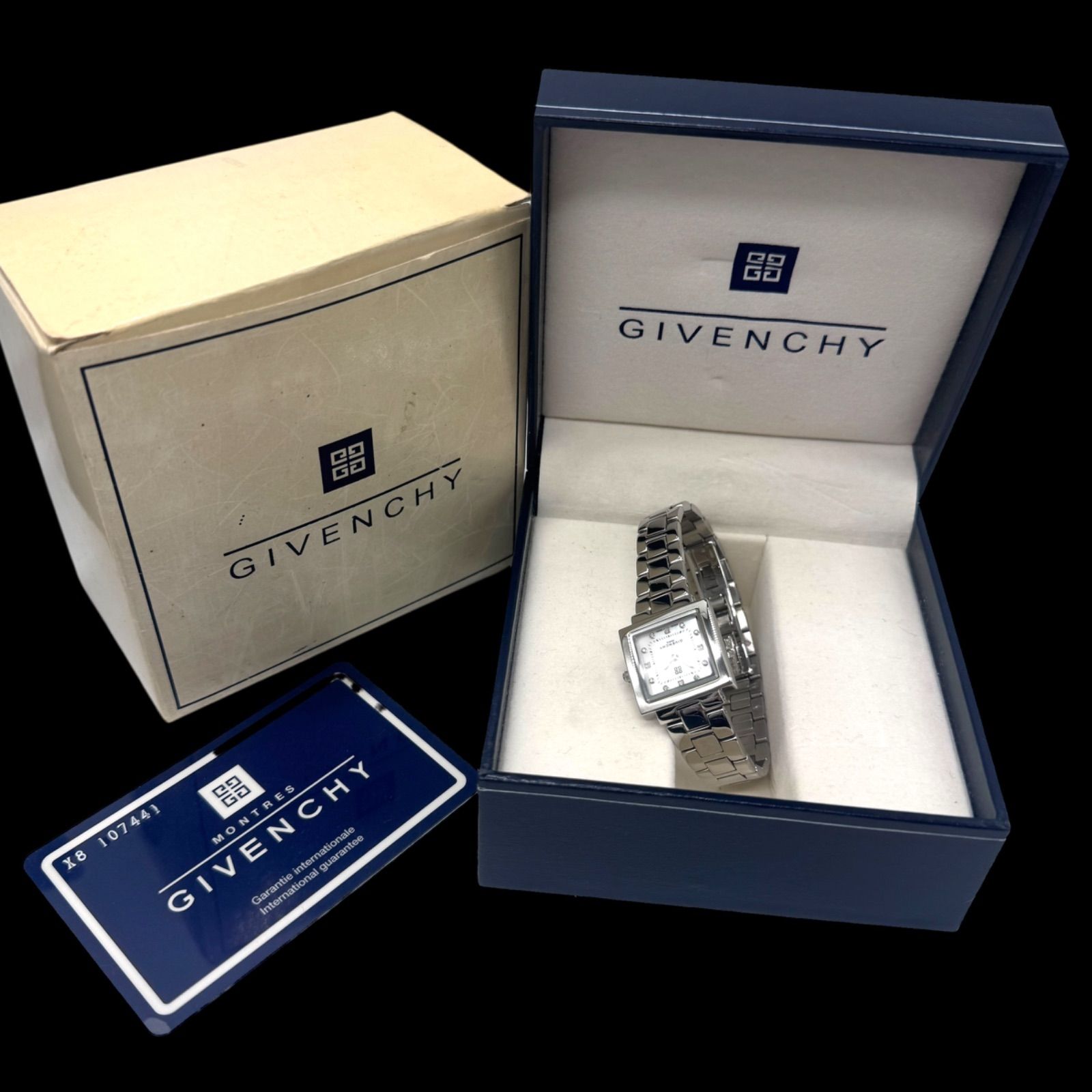 美品 GIVENCHY スクエア 腕時計 電池新品 クォーツ 新品電池稼働 美品 GIVENCHY ジバンシー 12Pダイヤ シェル文字盤
