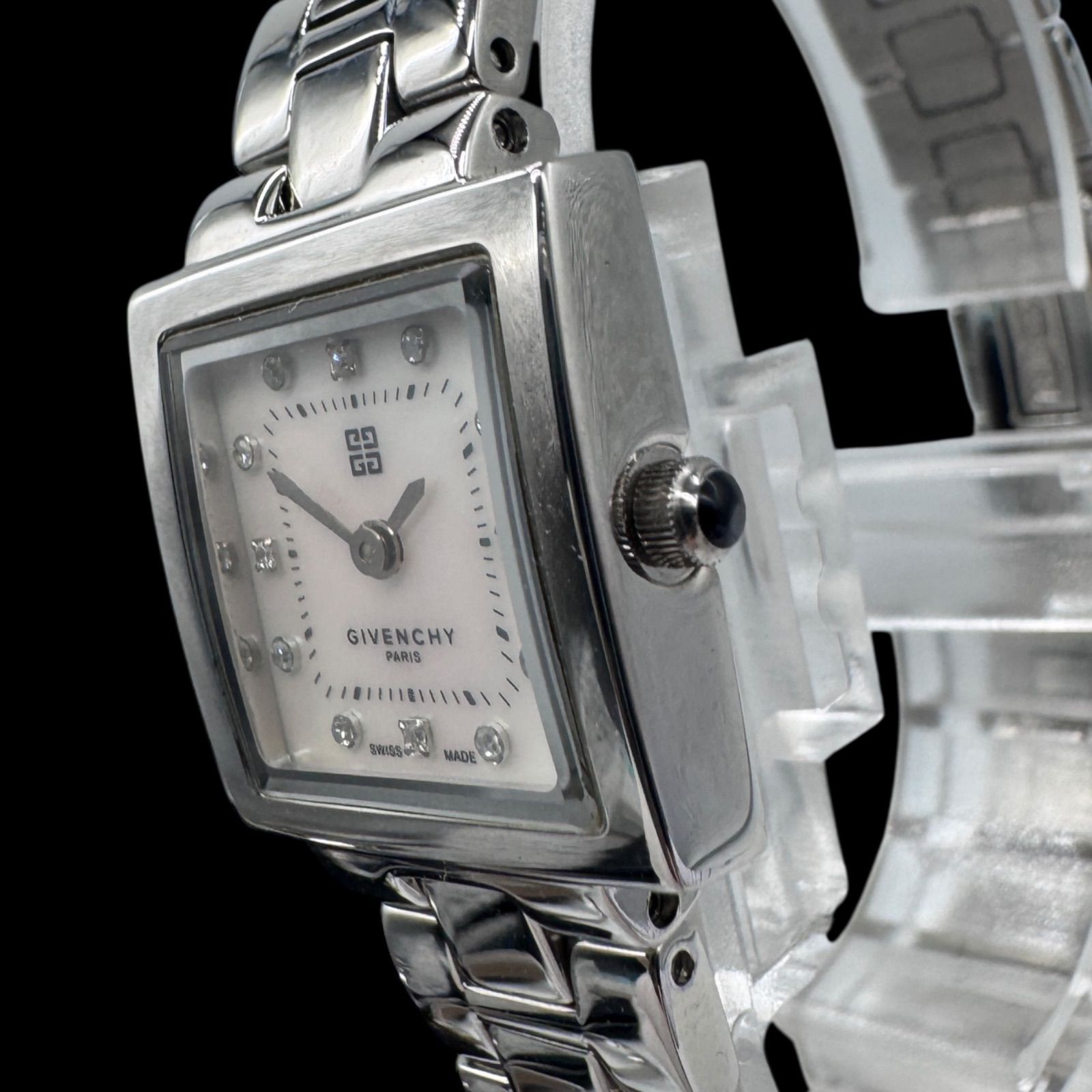 【稼動】 ジバンシー 腕時計 クォーツ QZ ゴールドベゼル シェル文字盤 新品電池稼働 美品 GIVENCHY ジバンシー 12Pダイヤ シェル文字盤