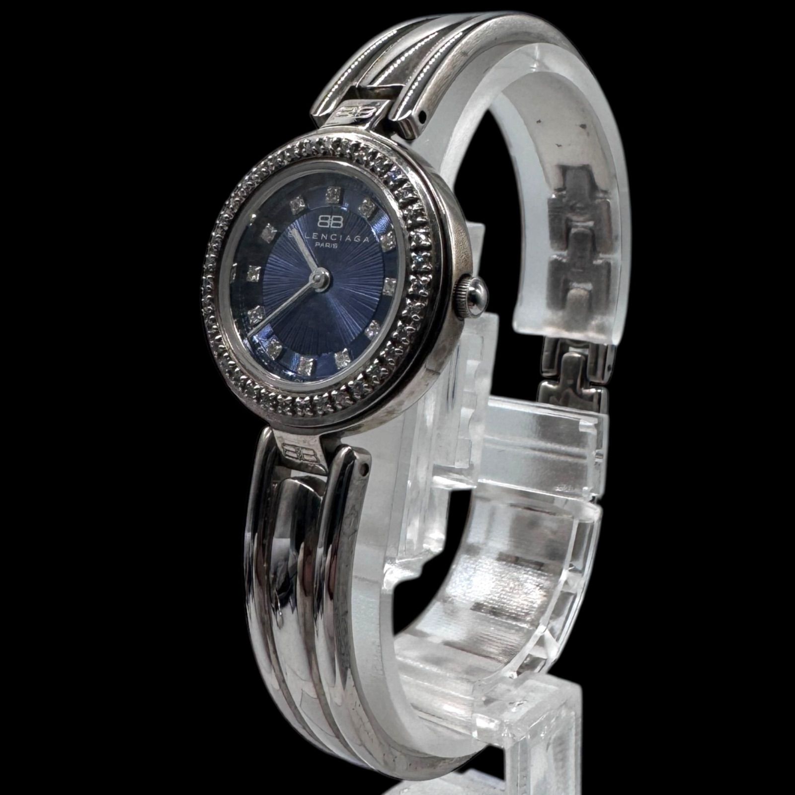 電池稼働 バレンシアガ 12 Pダイヤ ストーンベゼル ラウンド レディース腕時計 ブレスウォッチ SS シルバー クォーツ QZ