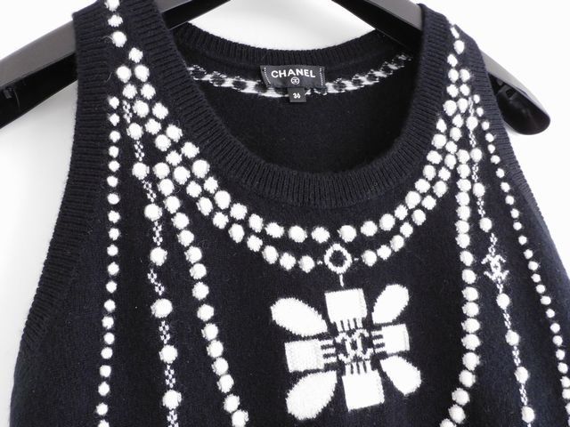シャネル 20 A P 64666 カシミヤ ココマーク トロンプルイユ ニット ベスト ノースリーブ 黒 ブラック サイズ36 CHANEL 7 L キニ100