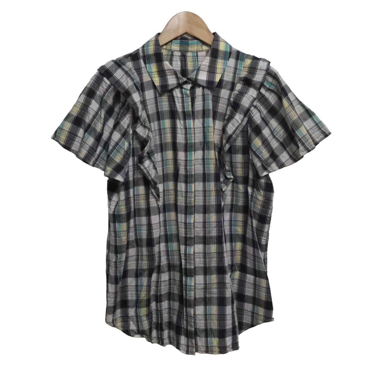 Rose Tiara ローズティアラ 半袖シャツブラウス サイズ42 L レディース - ネイビー×ライトイエロー×マルチ チェック柄|フリル