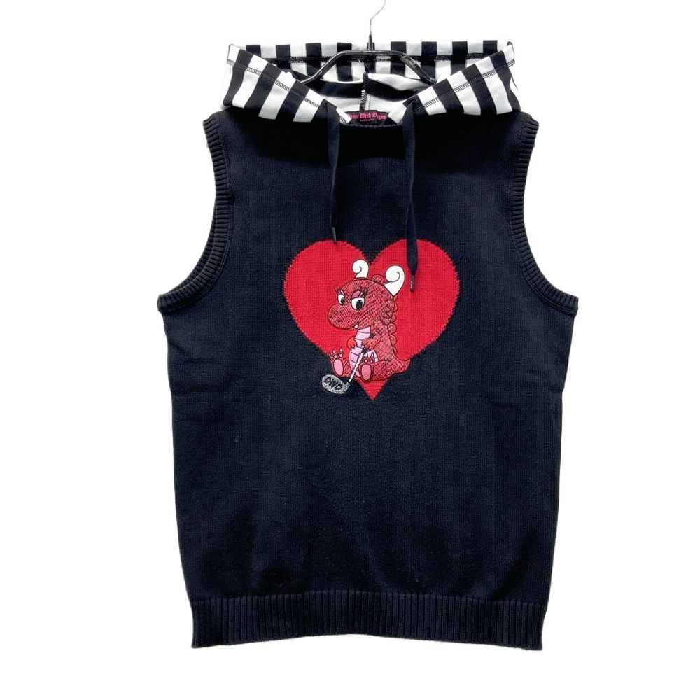 サイズ 2 DANCE WITH DRAGON ダンスウィズドラゴン フード ニットベスト チビドラ ブラック系 ゴルフウェア レディース ストスト