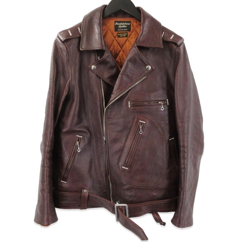 LEATHER ファウンテンヘッドレザー ダブルライダース DELTA デルタ 馬革 4連スタッズ ブラウン ホースハイド 42
