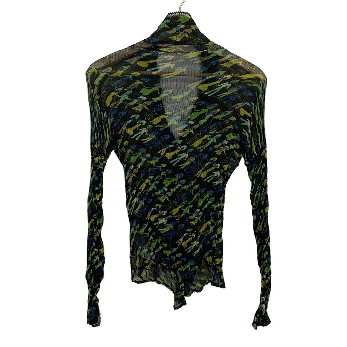 イッセイミヤケフェット 長袖シャツブラウス サイズ2 M レディース - 黒×グリーン×マルチ シースルー プリーツ
