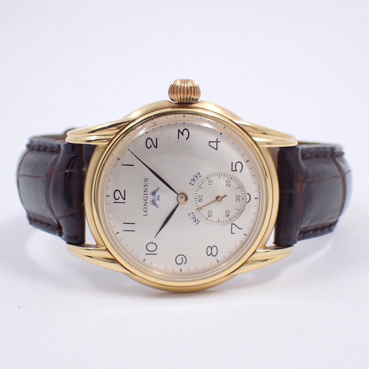 ロンジン モニュメント 125周年モデル 手巻き メンズ 腕時計 ゴールドGP シルバー文字盤 革ベルト