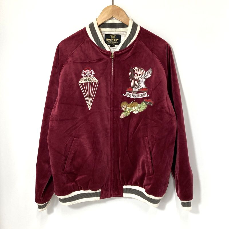 HOUSTON ヒューストン スカジャン 別珍 ベルベット パラトルーパー ミリタリー 古着 カジュアル XLサイズ ワインレッド アウター A 15375
