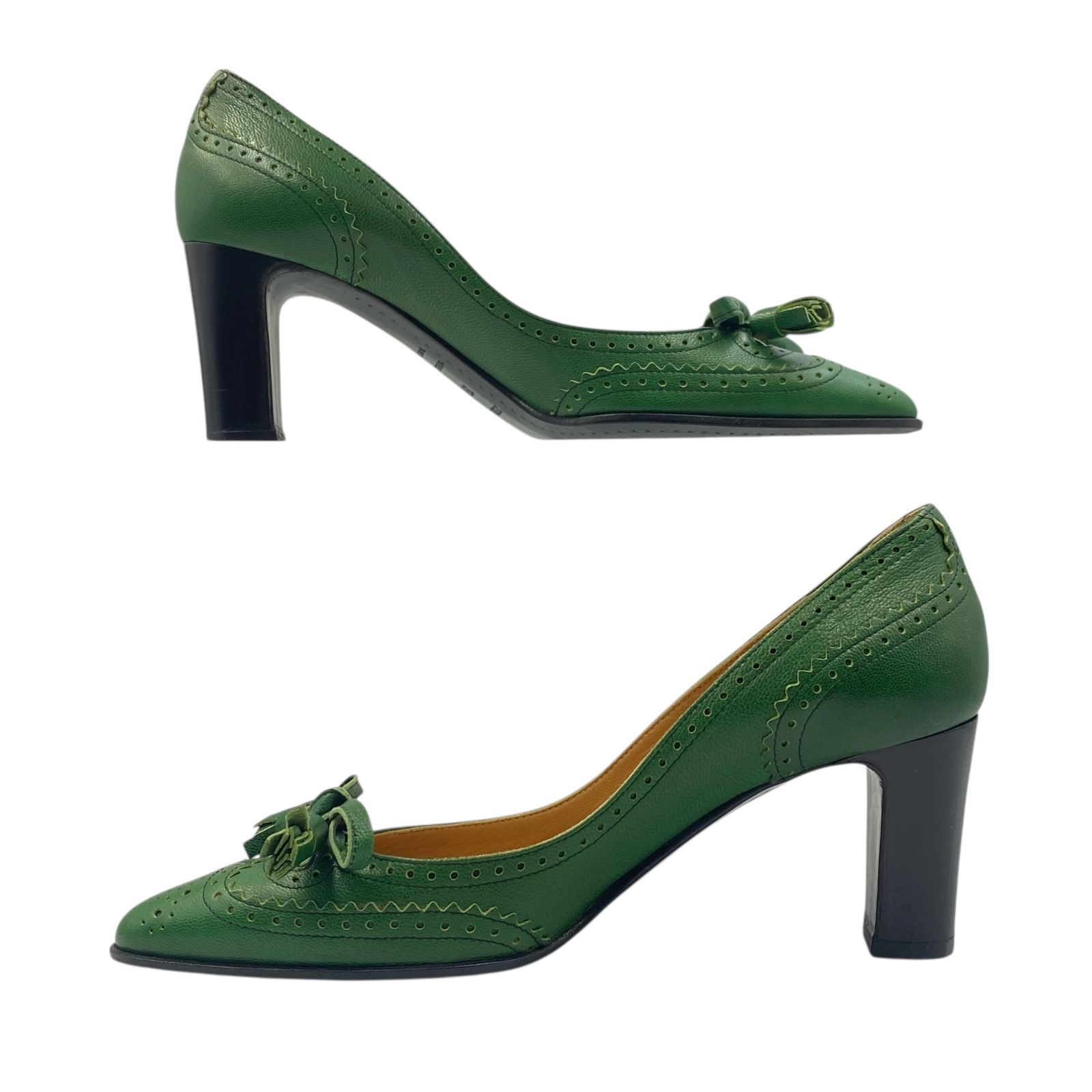 HERMES エルメス パンプス 靴 レザー リボン グリーン