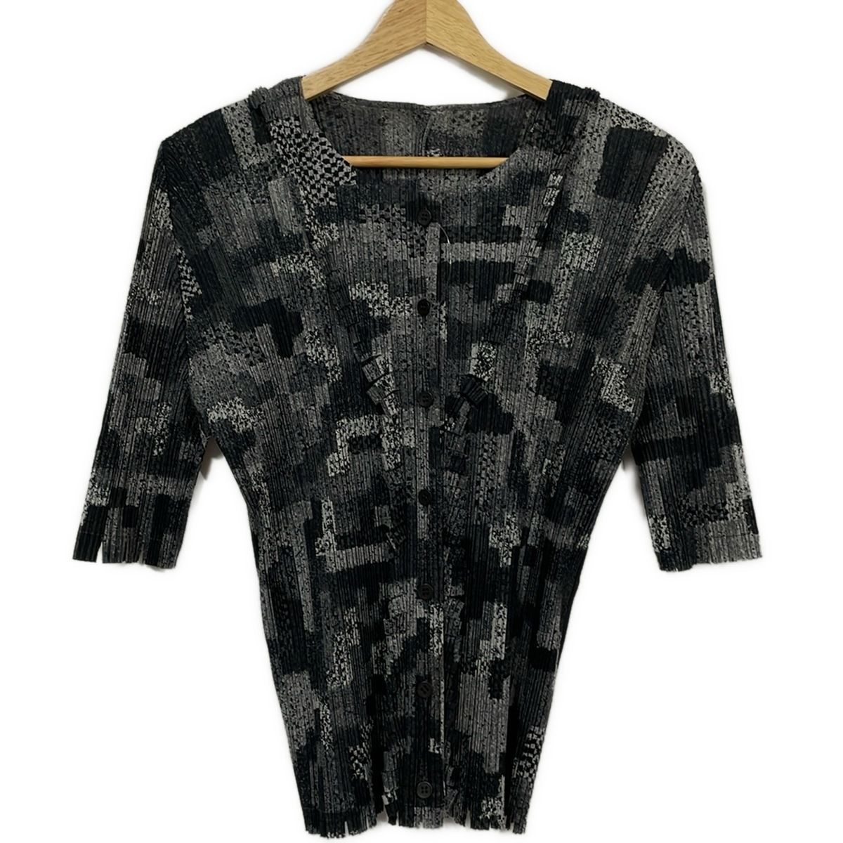 PLEATS PLEASE プリーツプリーズ 半袖シャツブラウス サイズ4 XL レディース - ダークグレー×アイボリー×黒 プリーツ|フリル