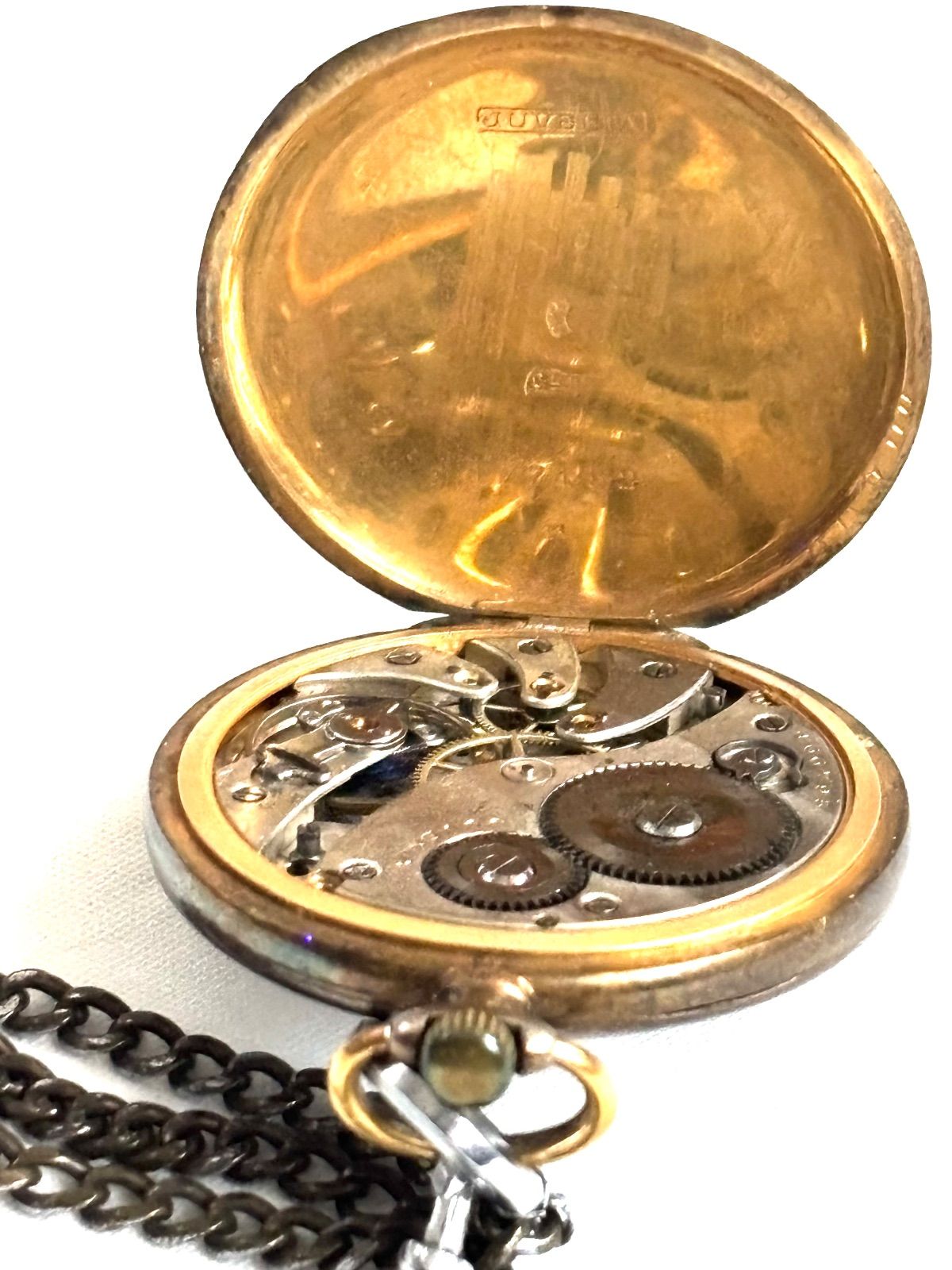 稼働品 JUVENIA 手巻き 懐中時 チェーン付き ジュベニア 蓋裏刻印あり