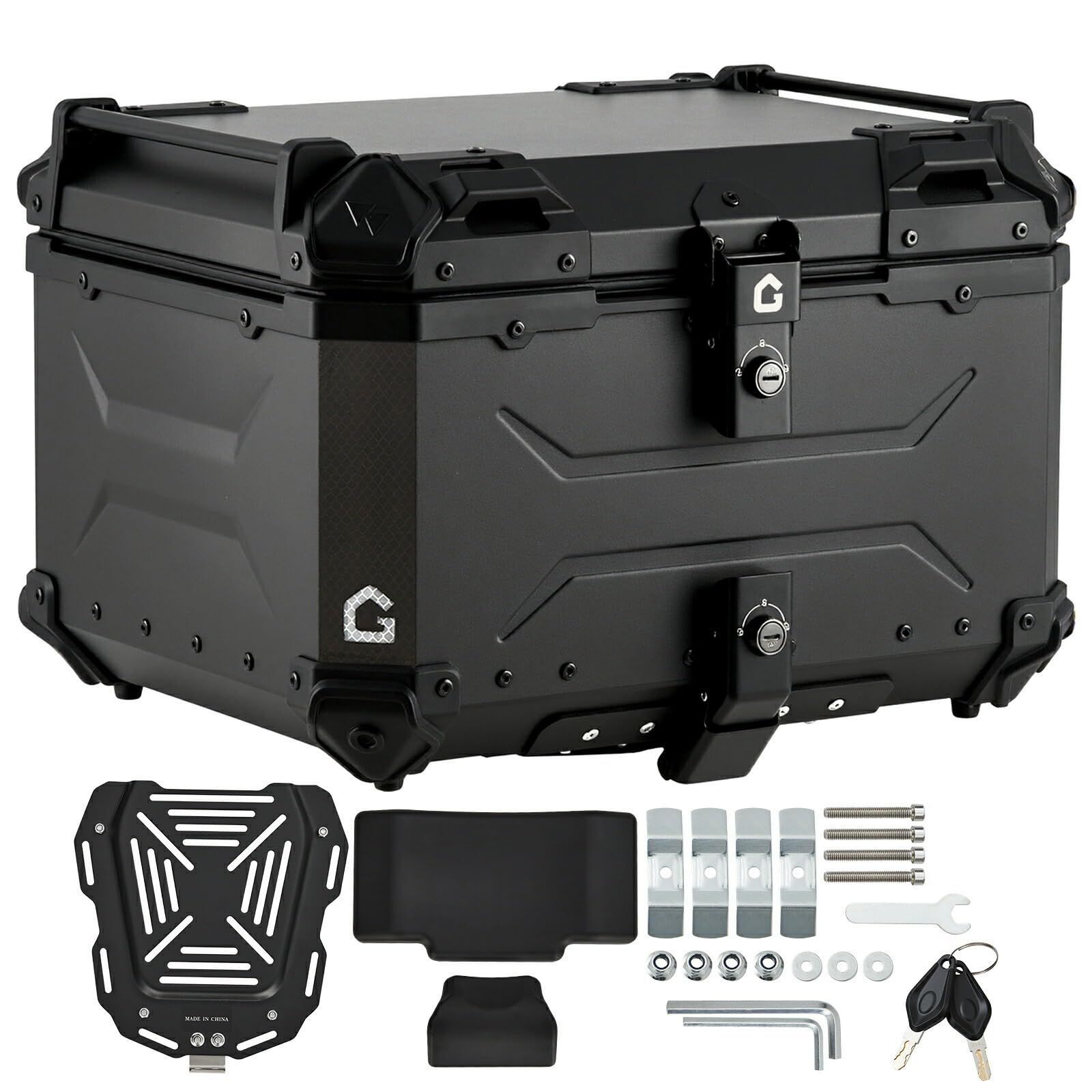 Garvee バイク用トップボックス キット 大容量 65 L アルミボックス 鍵 付きで簡単に分解 取り付けベース付属 盗難防止機能 IP 68防水 防塵 耐衝撃 ブラック