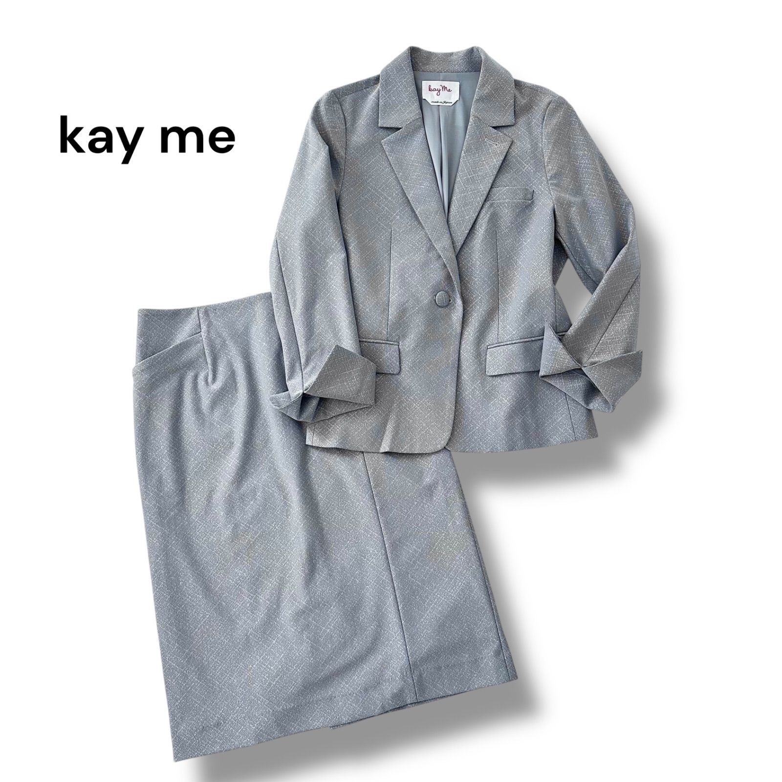 kay me ストレッチジャカード セットアップ テーラードジャケット スカート グレー 11号 L ケイミー 大きいサイズ