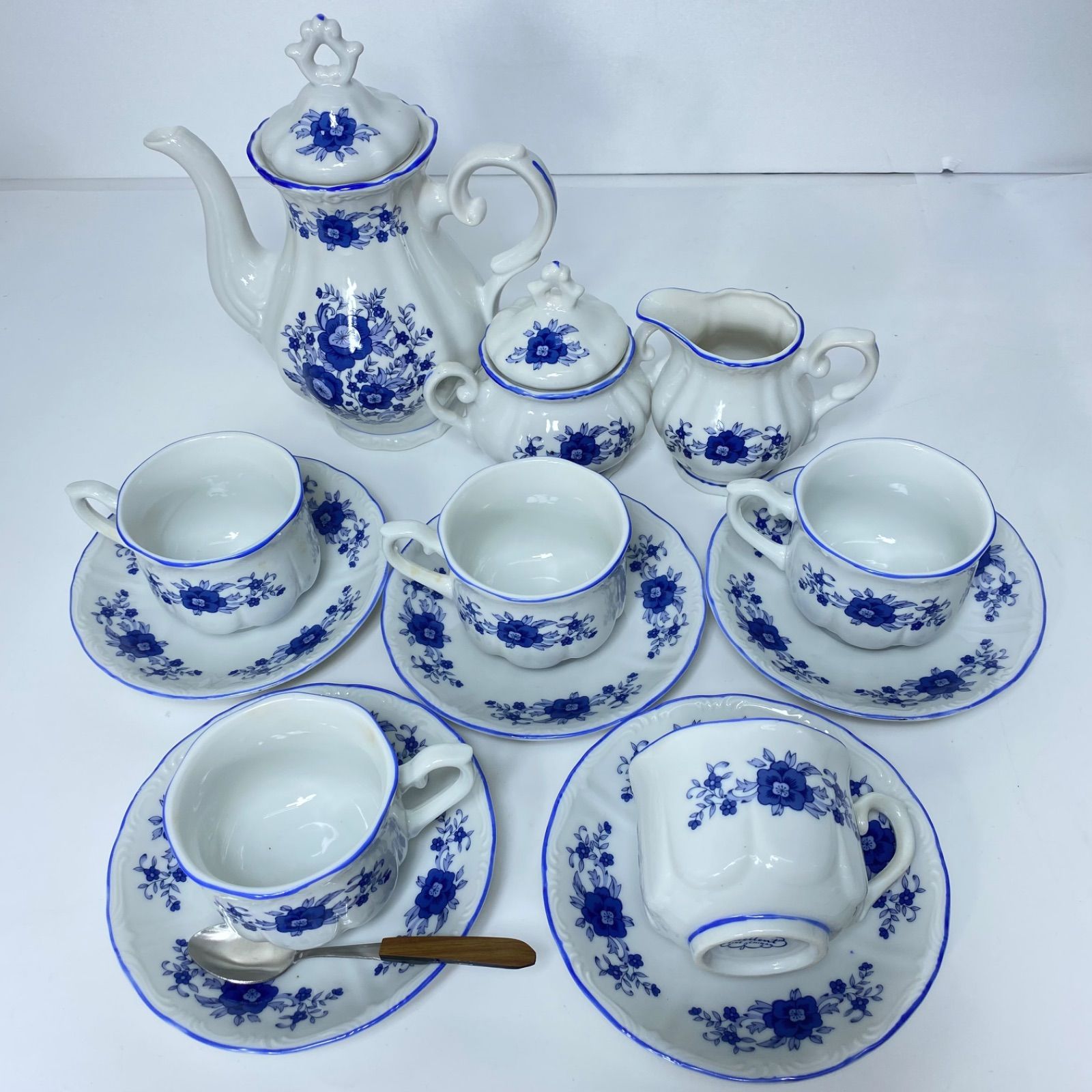 Excellent FINE CHINA 青花 ティーセット 21点 ティーポット カップ＆ソーサー5客 シュガーポット クリーマー スプーン付