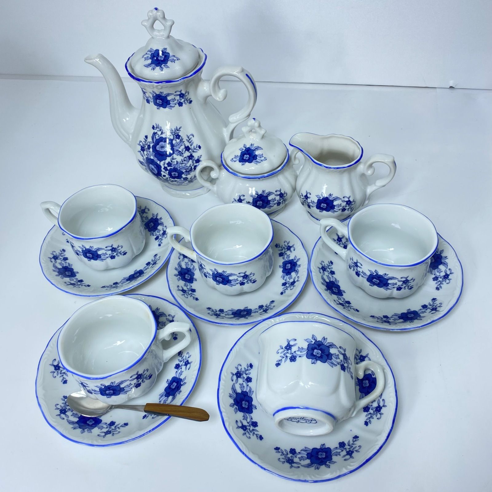 Excellent FINE CHINA 青花 ティーセット 21点 ティーポット カップ＆ソーサー5客 シュガーポット クリーマー スプーン付