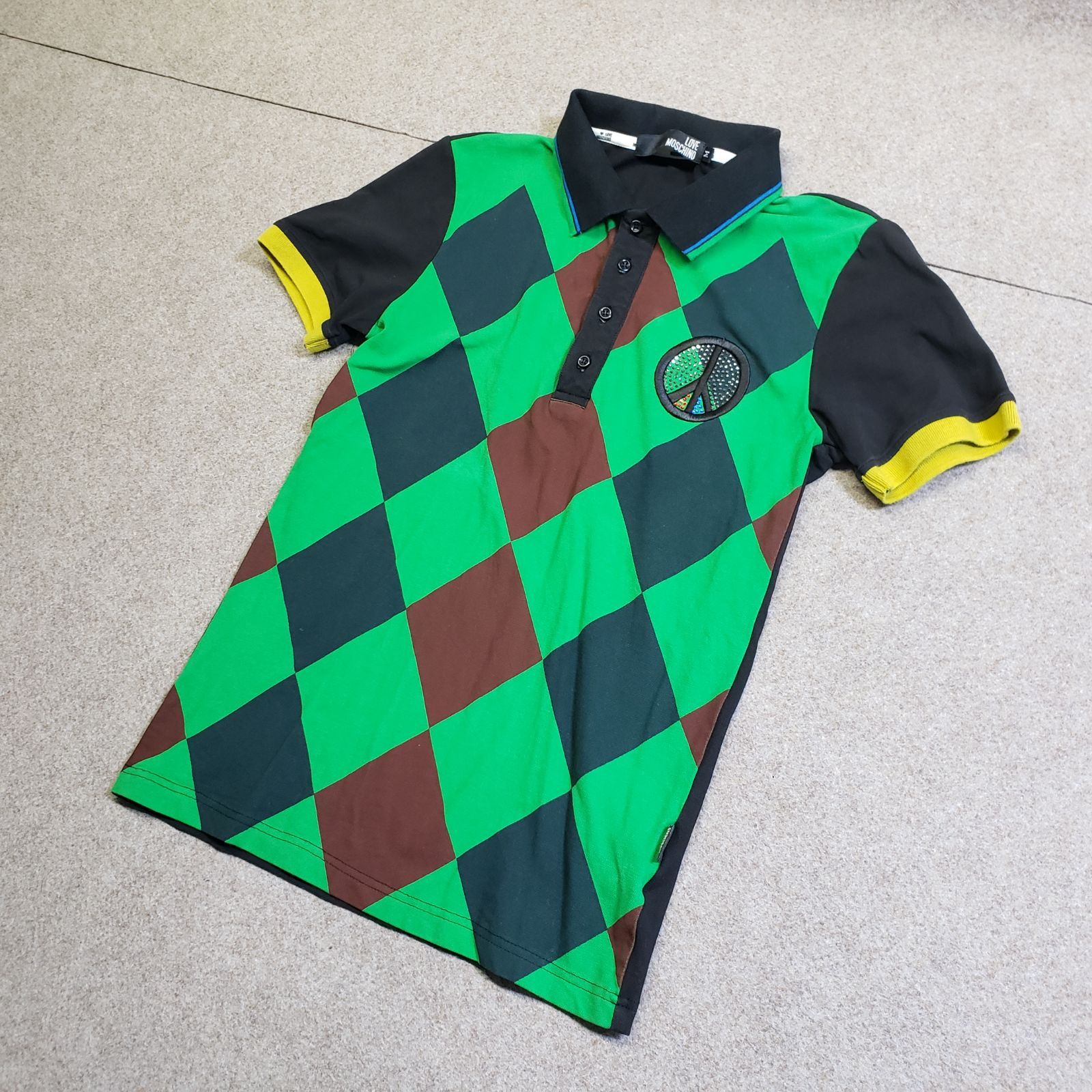 LOVE 半袖ポロシャツ アーガイル柄 ピースワッペン グリーン ブラック系 ブラウン系 表記サイズ M y 7127 s