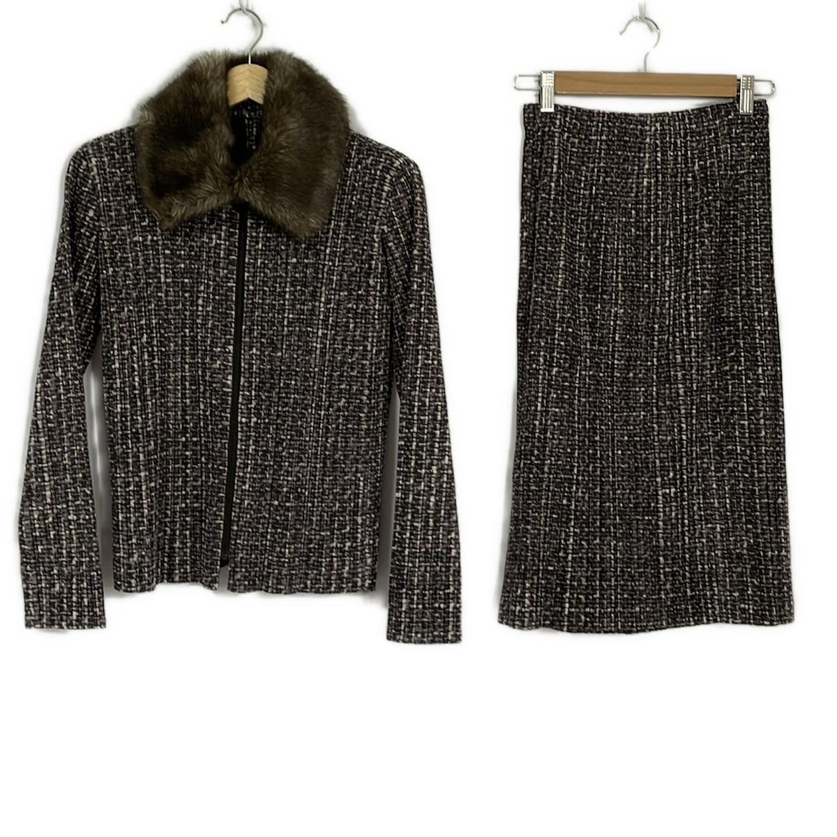 PLEATS PLEASE プリーツプリーズ スカートスーツ レディース ベージュ ダークブラウン プリーツ 肩パッド ジップアップ