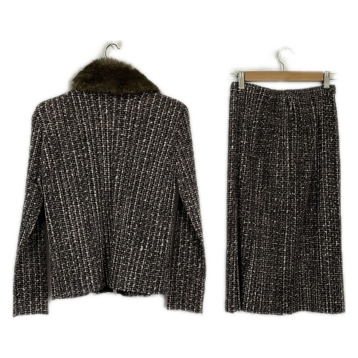 PLEATS PLEASE プリーツプリーズ スカートスーツ レディース - ベージュ×ダークブラウン プリーツ 肩パッド ジップアップ