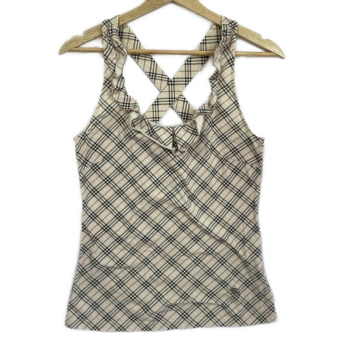 バーバリーブルーレーベル ノースリーブカットソー サイズ38 M レディース ベージュ 黒 ボルドー クルーネック チェック柄 フリル