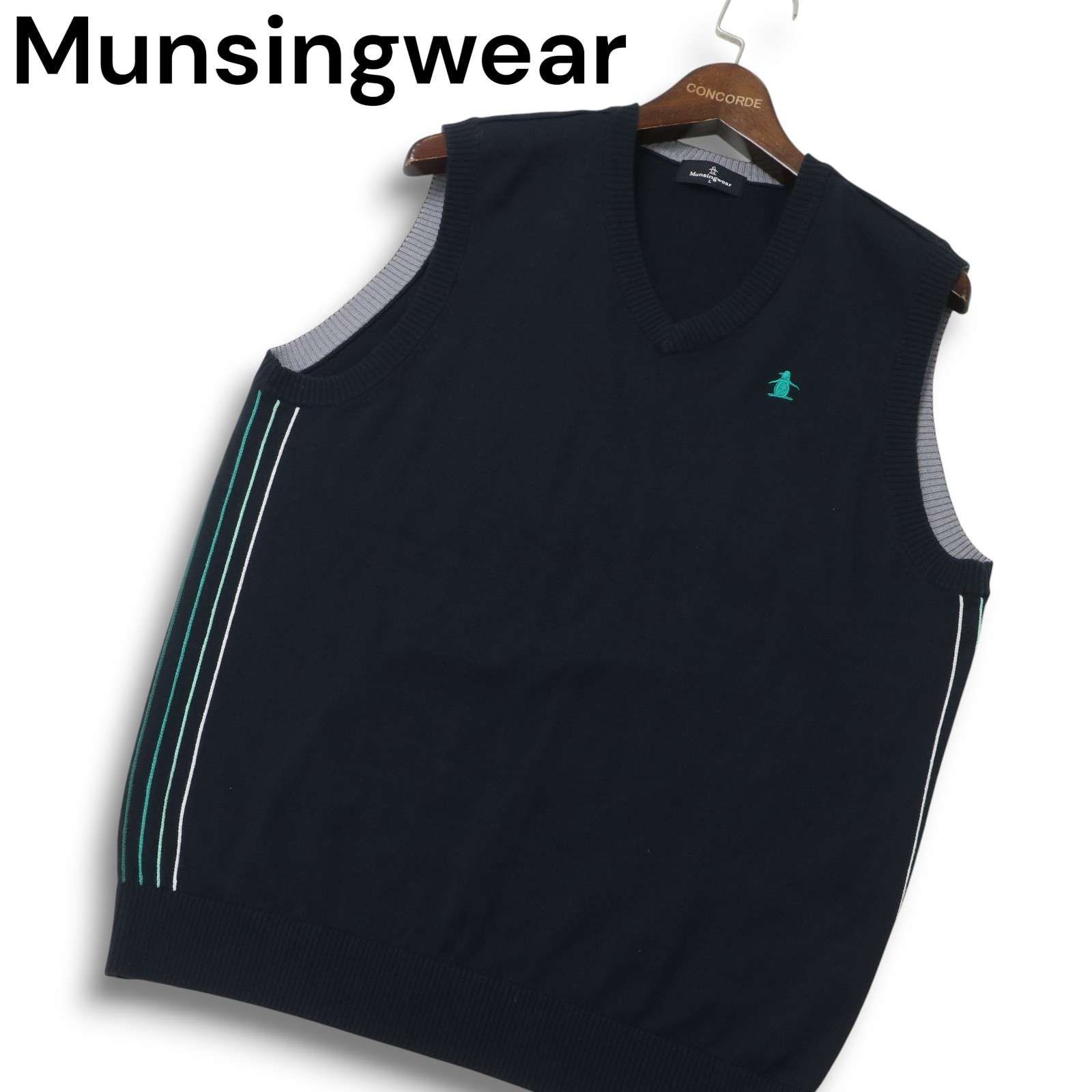 Munsingwear マンシングウェア ゴルフ 秋冬 ペンギン刺繍 Vネック ニット ベスト Sz.L メンズ 紺 ネイビー