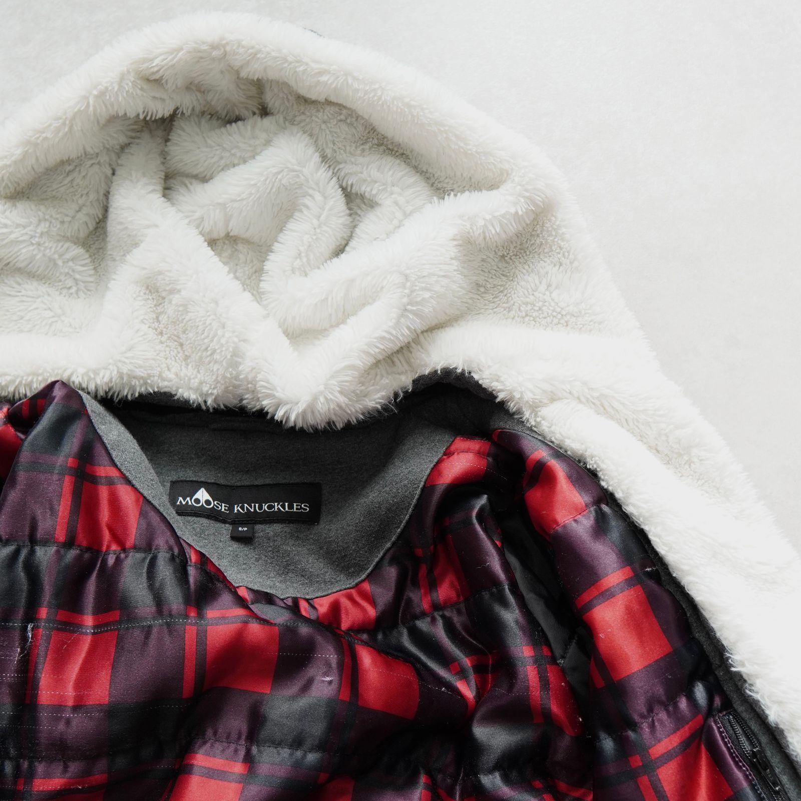  ムース ナックルズ ファー チェック柄 裏地 フルジップ パーカー グレー レディース パーカー トップス