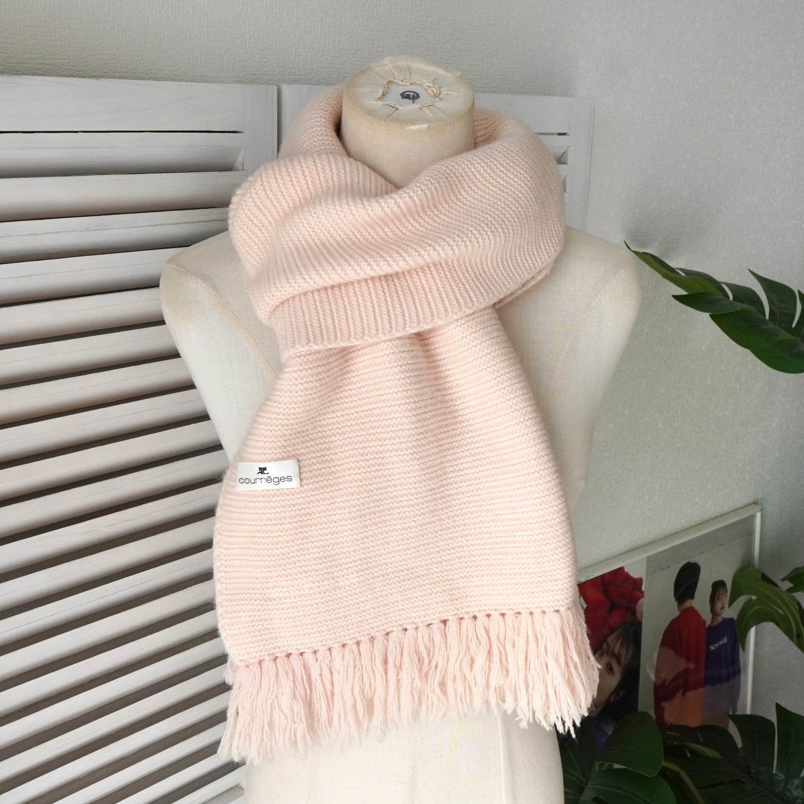 クレージュ ロゴ ボーダー ウール マフラー ピンク ベージュ