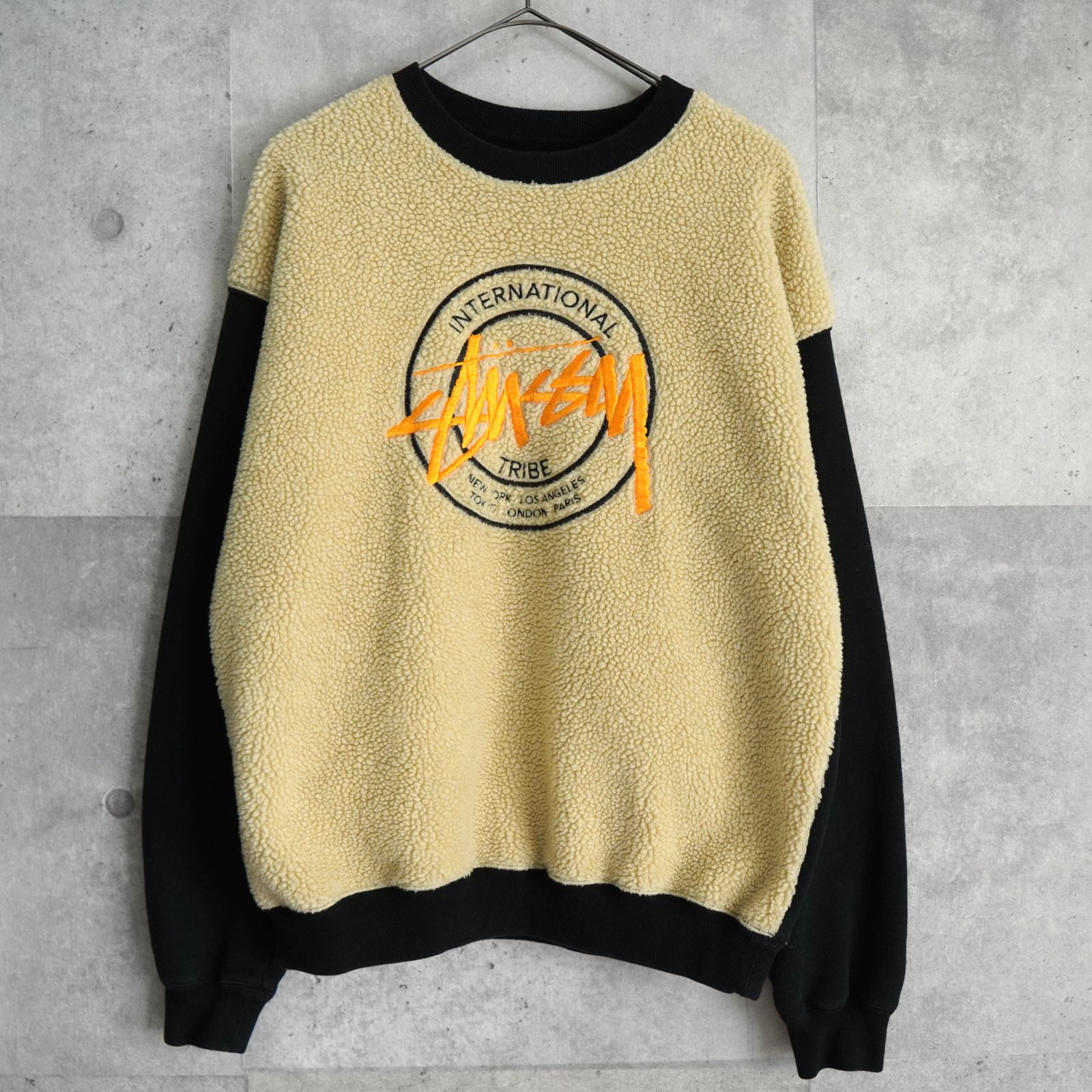 ステューシー ロゴ 刺繍 ボア 切り替え スウェット ベージュ ブラック