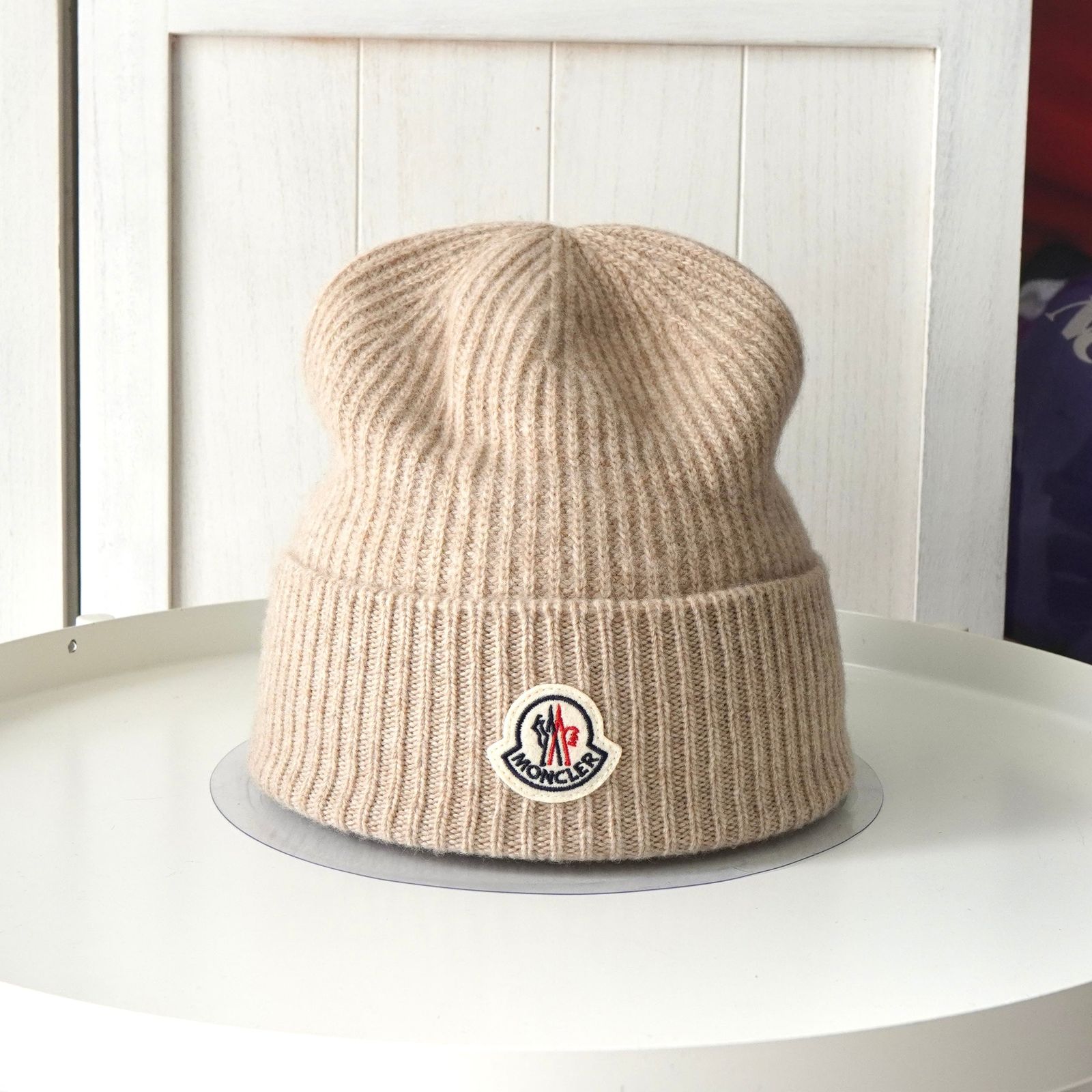 MONCLER ベージュ ニット帽 ロゴ入り モンクレール ロゴ ウール カシミア ニット帽 ビーニー ベージュ