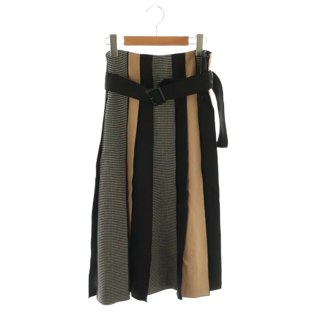 アドーア　パッチワークストライプベルト付きスカート　36 アドーア ADORE パッチワークストライプベルト付きスカート プリーツ