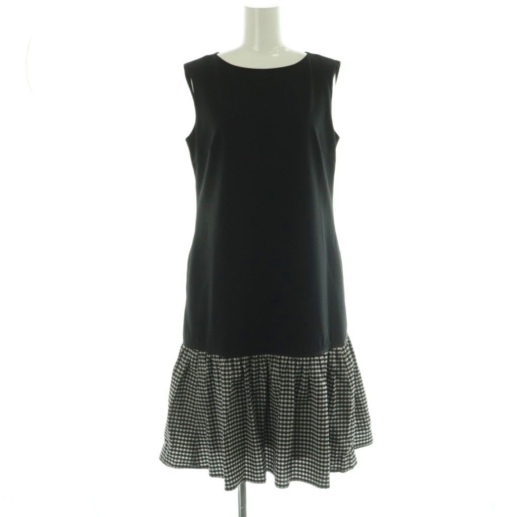 ルネ Rene ベーシック ギンガムチェック 切替 ワンピース ノースリーブ ミモレ ロング 34 黒 白 NR OS