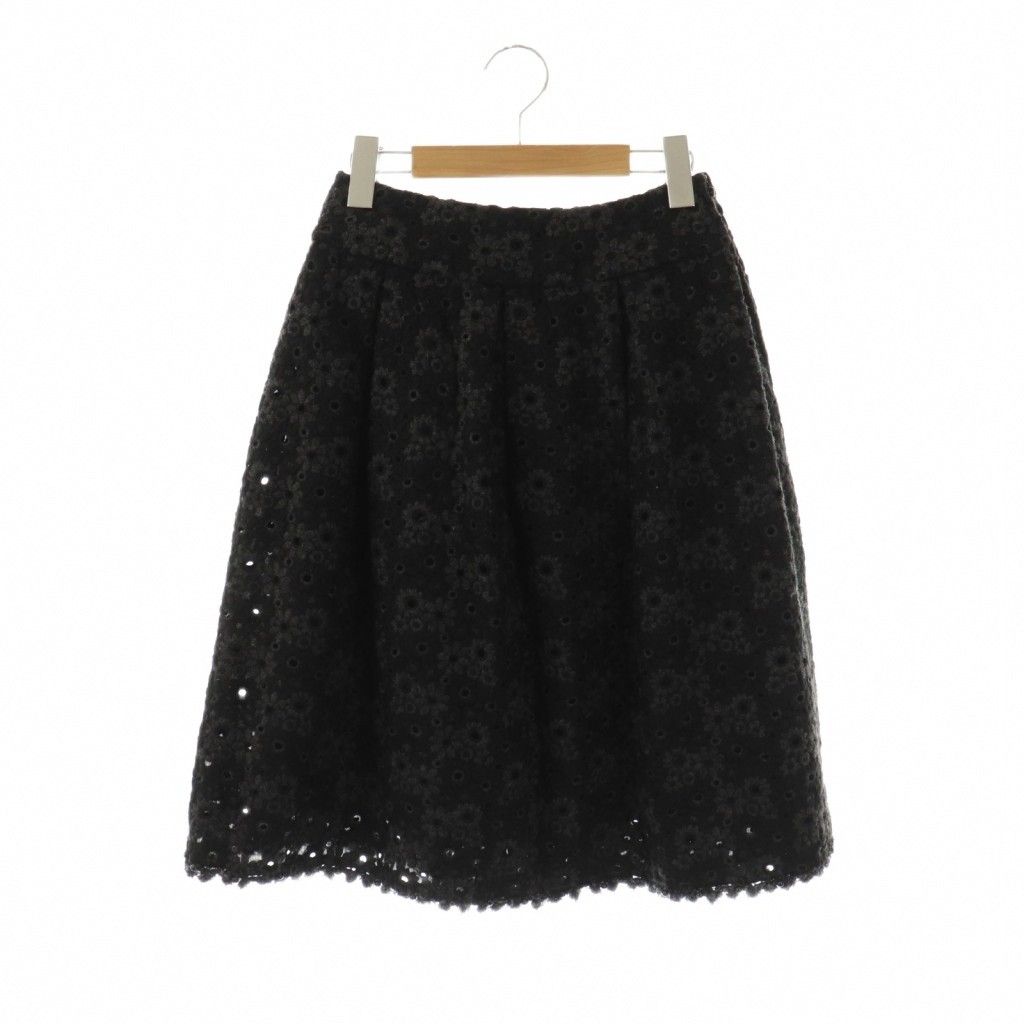 ルネ Rene フラワー刺繍 タックスカート 膝丈 フレア ウール混 34 黒