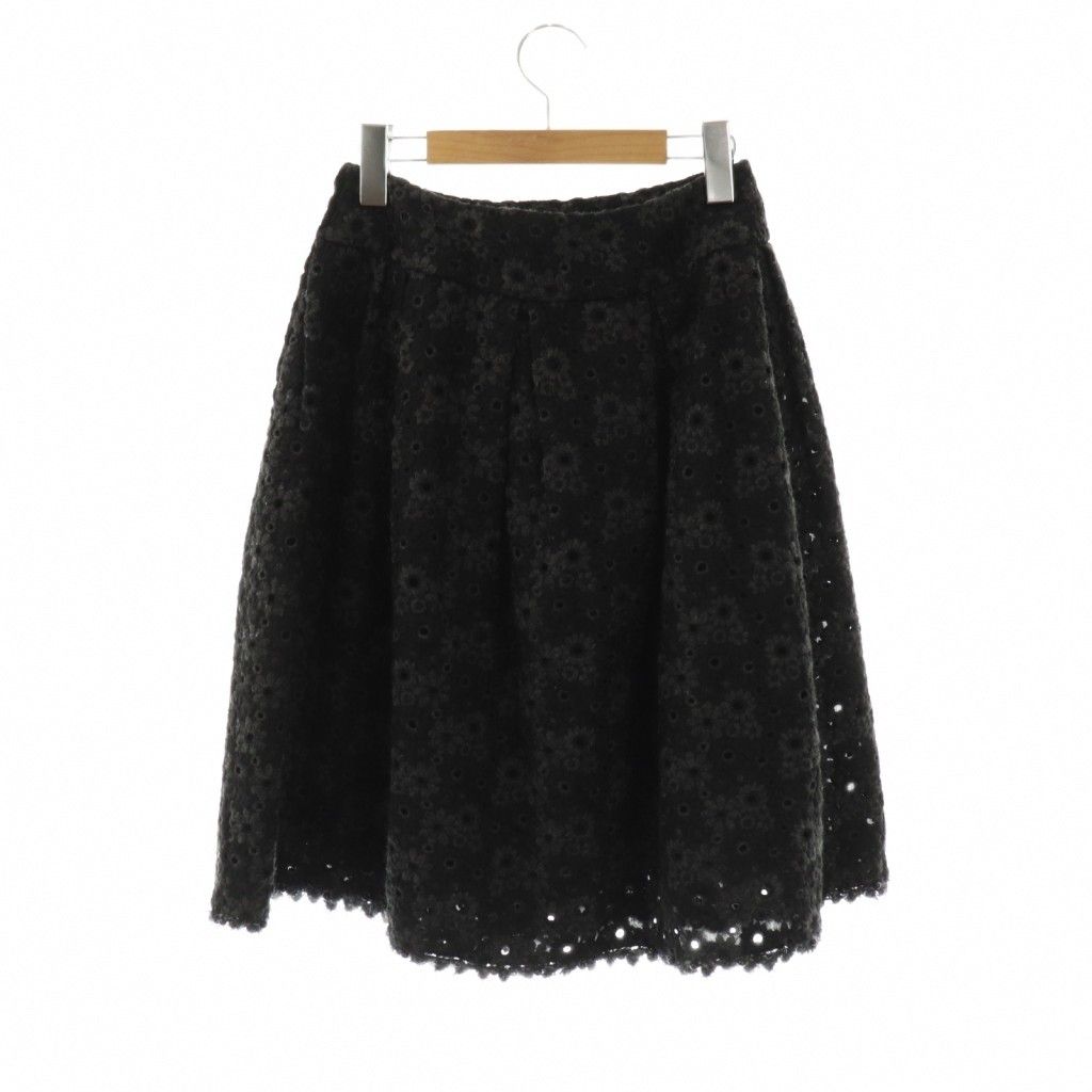 ルネ Rene フラワー刺繍 タックスカート 膝丈 フレア ウール混 34 黒
